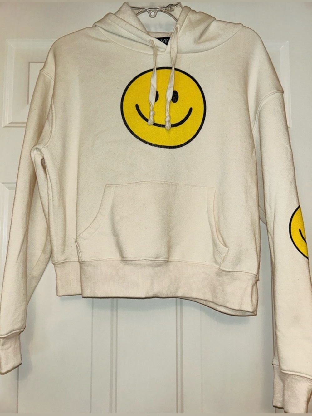 Vinyl Icons Smiley Face Hoodie L White Casual Crop Lounge Streetwear Happy
